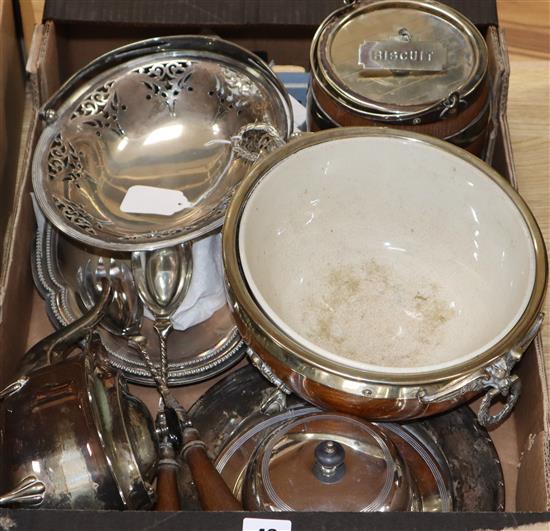 A plated mounted wooden biscuit barrel and salad bowl and other items of plated wares